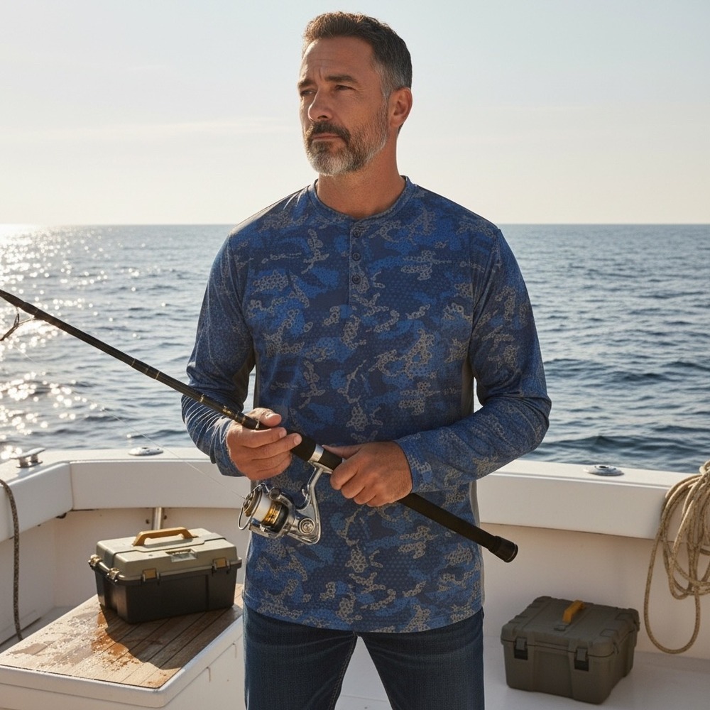 Pelagic Patrol Henley Mens Large Blue Camo Fishing Shirt Long Sleeve Performance